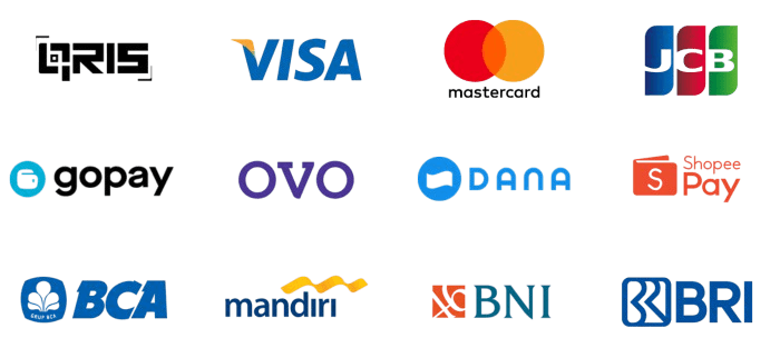 QRIS, e-wallet (GoPay, OVO, Dana), dan virtual account lokal